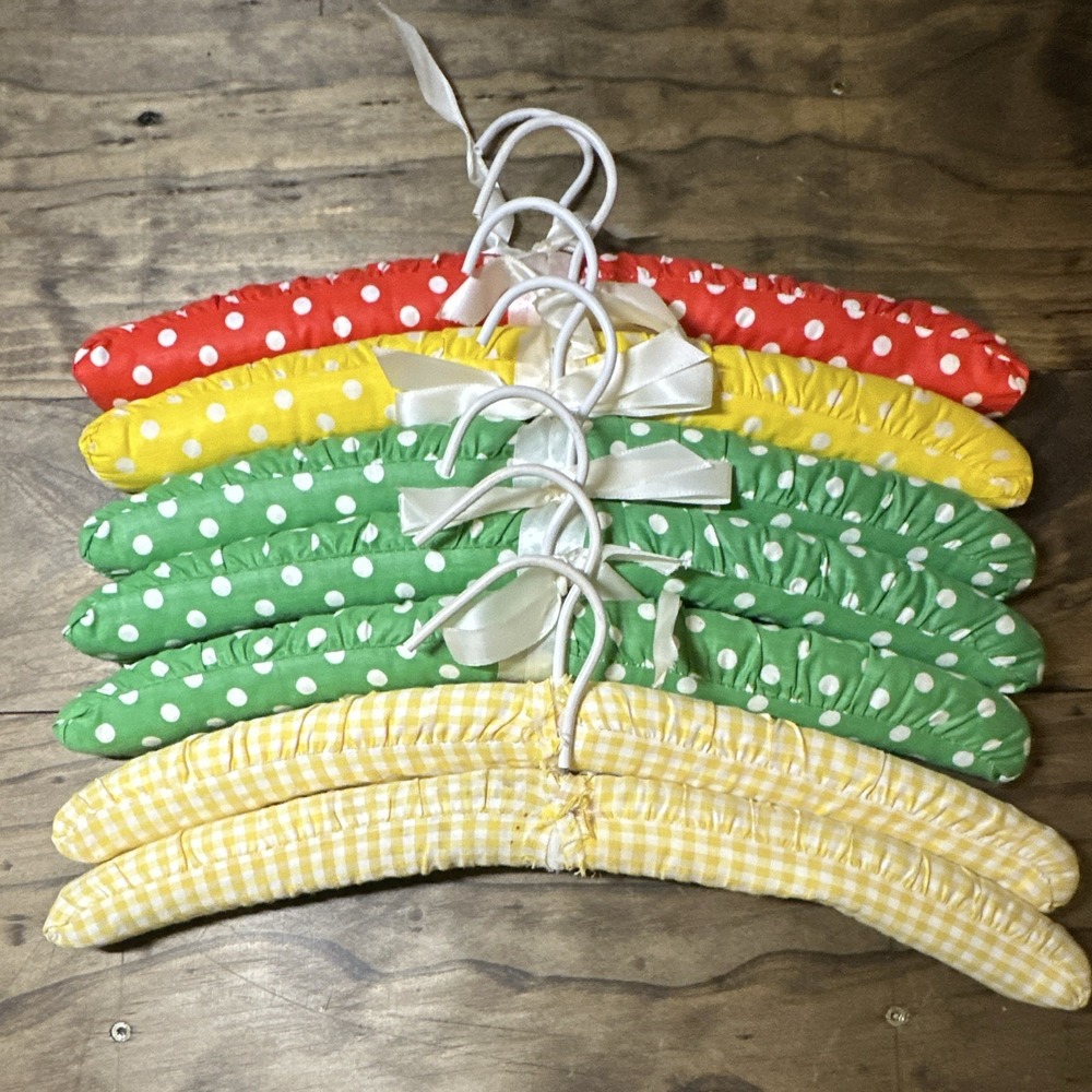 7 Padded Fabric Clothes Hangers Multicolor Polka Dot w/ Metal Hooks